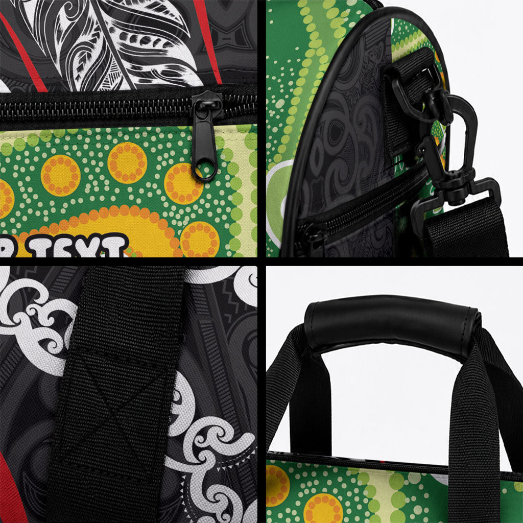 Personalised Aotearoa and Australia Lawn Bowls Duffle Bag Maori Fern and Aboriginal Pattern