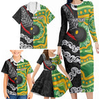 Personalised Aotearoa and Australia Lawn Bowls Family Matching Long Sleeve Bodycon Dress and Hawaiian Shirt Maori Fern and Aboriginal Pattern
