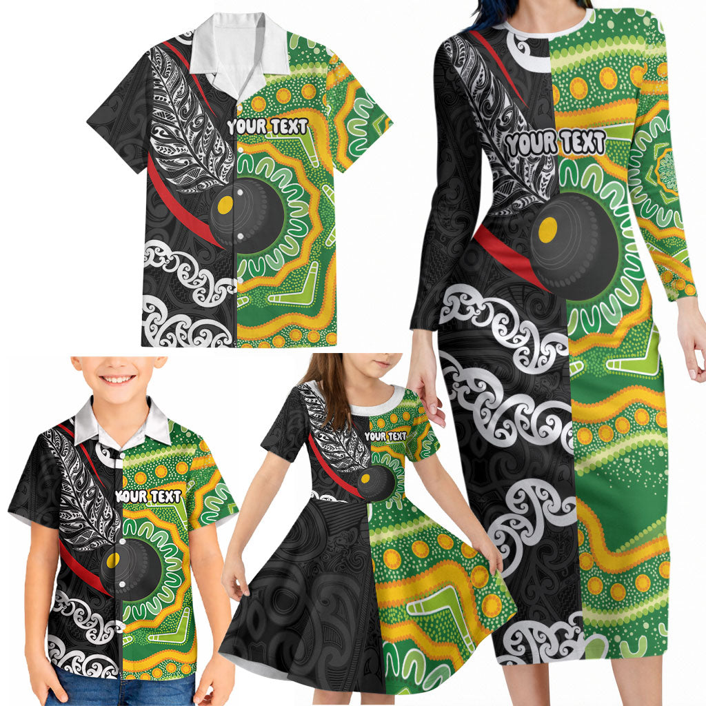 Personalised Aotearoa and Australia Lawn Bowls Family Matching Long Sleeve Bodycon Dress and Hawaiian Shirt Maori Fern and Aboriginal Pattern