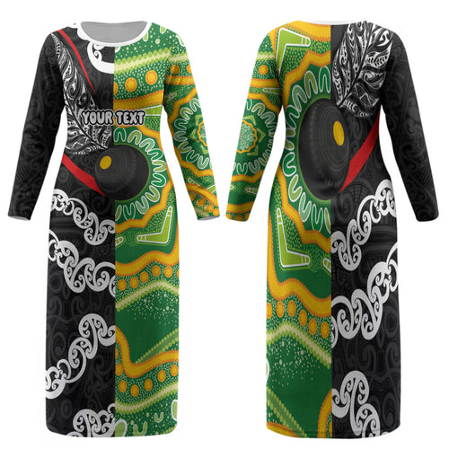 Personalised Aotearoa and Australia Lawn Bowls Family Matching Long Sleeve Bodycon Dress and Hawaiian Shirt Maori Fern and Aboriginal Pattern