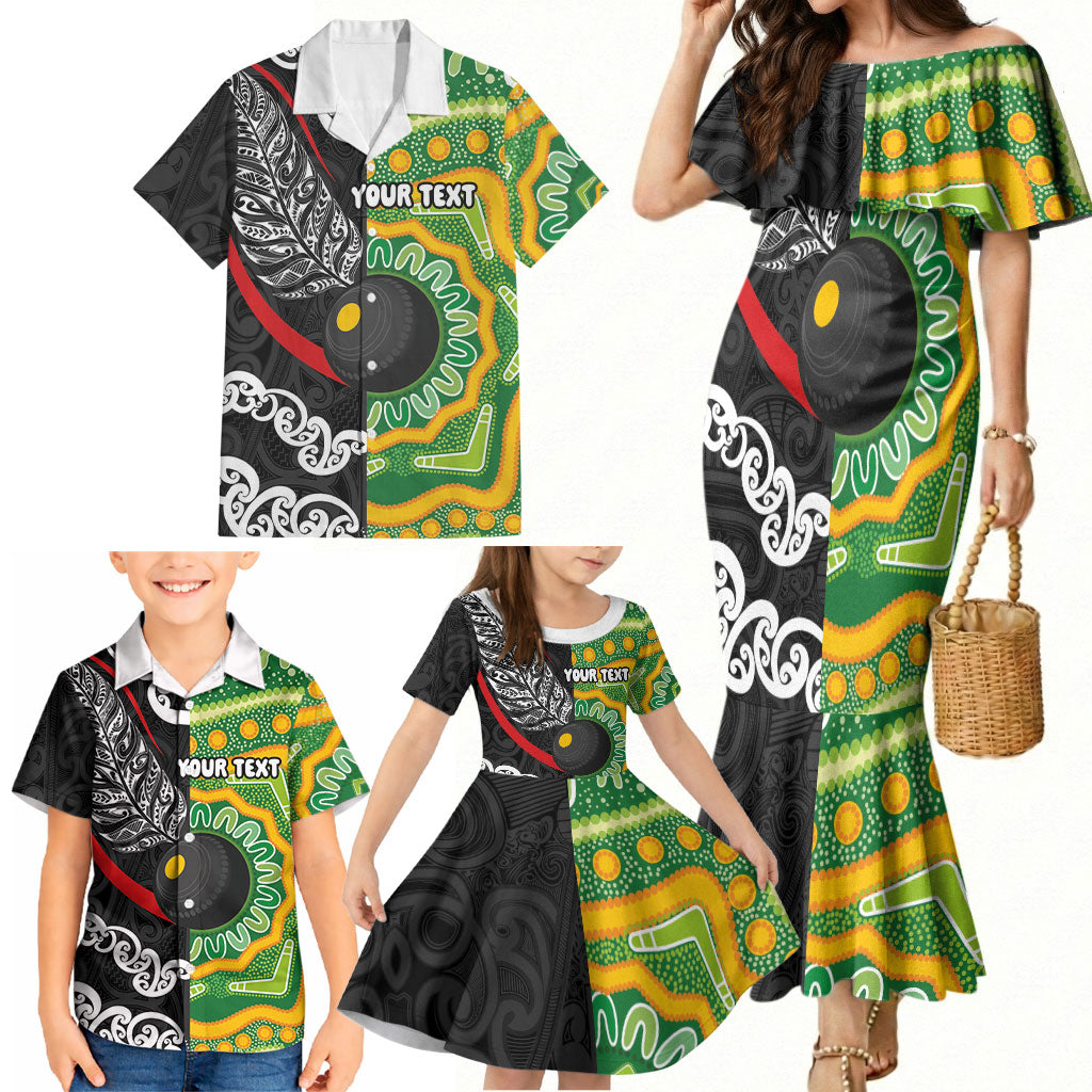 Personalised Aotearoa and Australia Lawn Bowls Family Matching Mermaid Dress and Hawaiian Shirt Maori Fern and Aboriginal Pattern