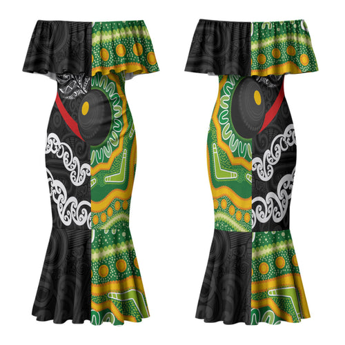 Personalised Aotearoa and Australia Lawn Bowls Family Matching Mermaid Dress and Hawaiian Shirt Maori Fern and Aboriginal Pattern