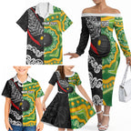 Personalised Aotearoa and Australia Lawn Bowls Family Matching Off The Shoulder Long Sleeve Dress and Hawaiian Shirt Maori Fern and Aboriginal Pattern