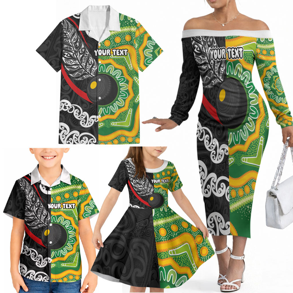Personalised Aotearoa and Australia Lawn Bowls Family Matching Off The Shoulder Long Sleeve Dress and Hawaiian Shirt Maori Fern and Aboriginal Pattern