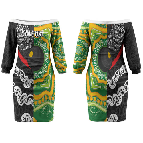 Personalised Aotearoa and Australia Lawn Bowls Family Matching Off The Shoulder Long Sleeve Dress and Hawaiian Shirt Maori Fern and Aboriginal Pattern