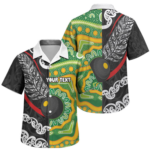 Personalised Aotearoa and Australia Lawn Bowls Family Matching Off The Shoulder Long Sleeve Dress and Hawaiian Shirt Maori Fern and Aboriginal Pattern