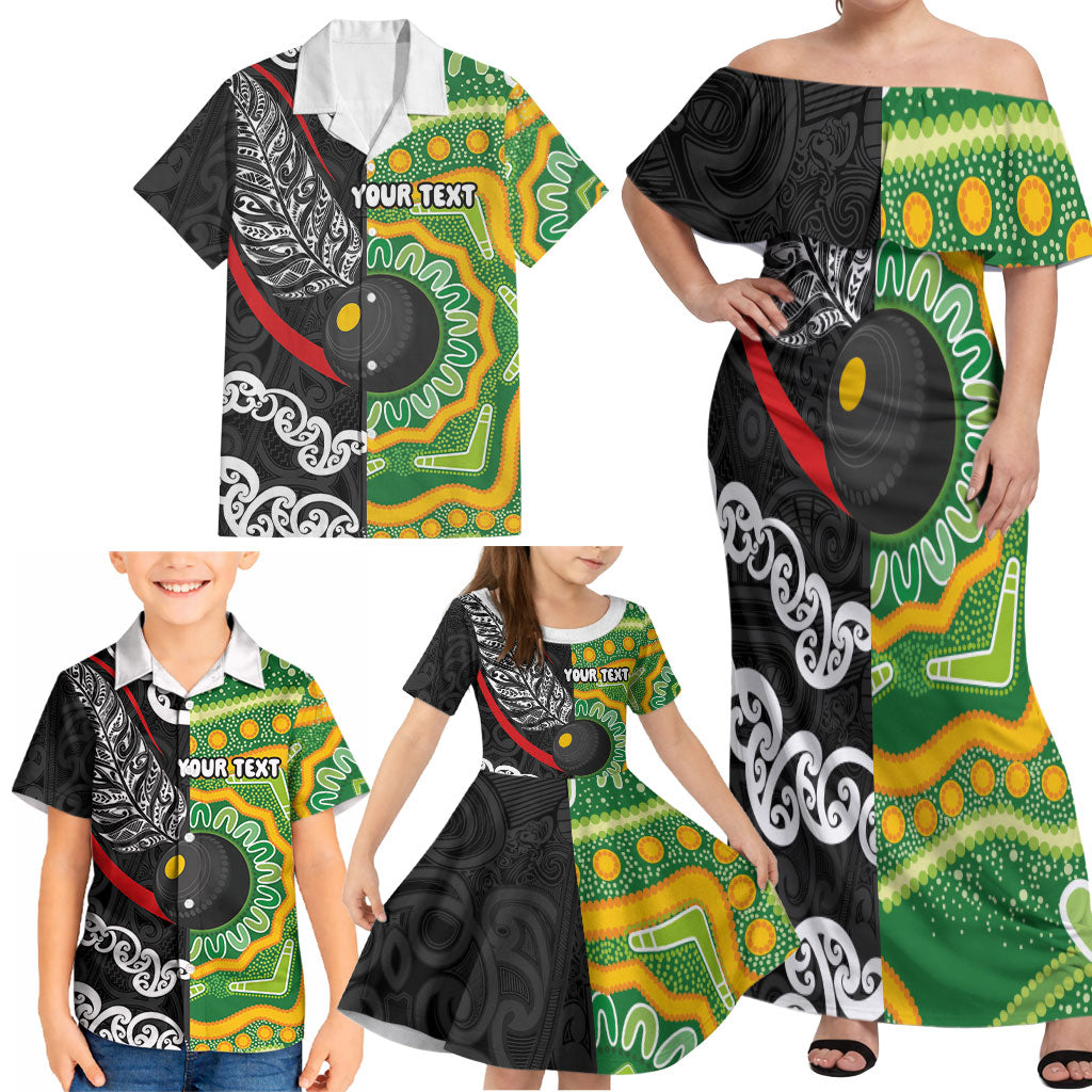 Personalised Aotearoa and Australia Lawn Bowls Family Matching Off Shoulder Maxi Dress and Hawaiian Shirt Maori Fern and Aboriginal Pattern