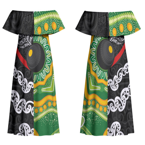 Personalised Aotearoa and Australia Lawn Bowls Family Matching Off Shoulder Maxi Dress and Hawaiian Shirt Maori Fern and Aboriginal Pattern