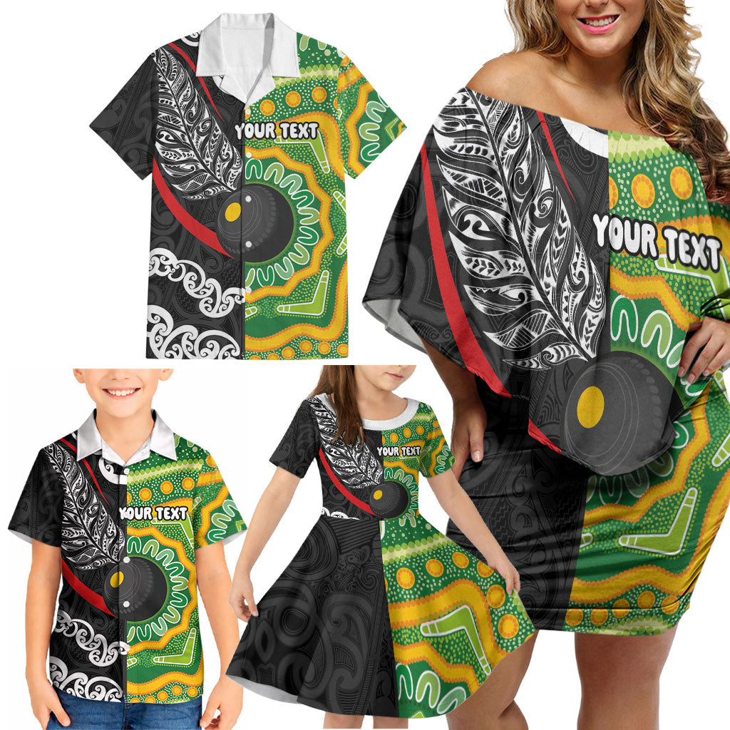 Personalised Aotearoa and Australia Lawn Bowls Family Matching Off Shoulder Short Dress and Hawaiian Shirt Maori Fern and Aboriginal Pattern