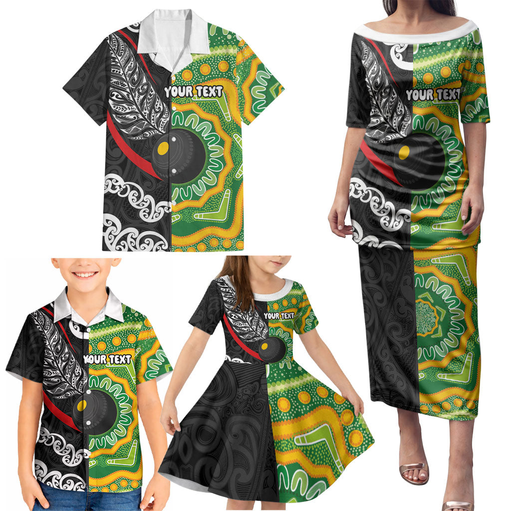 Personalised Aotearoa and Australia Lawn Bowls Family Matching Puletasi and Hawaiian Shirt Maori Fern and Aboriginal Pattern
