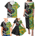 Personalised Aotearoa and Australia Lawn Bowls Family Matching Puletasi and Hawaiian Shirt Maori Fern and Aboriginal Pattern