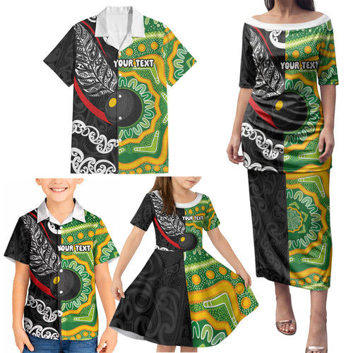 Personalised Aotearoa and Australia Lawn Bowls Family Matching Puletasi and Hawaiian Shirt Maori Fern and Aboriginal Pattern