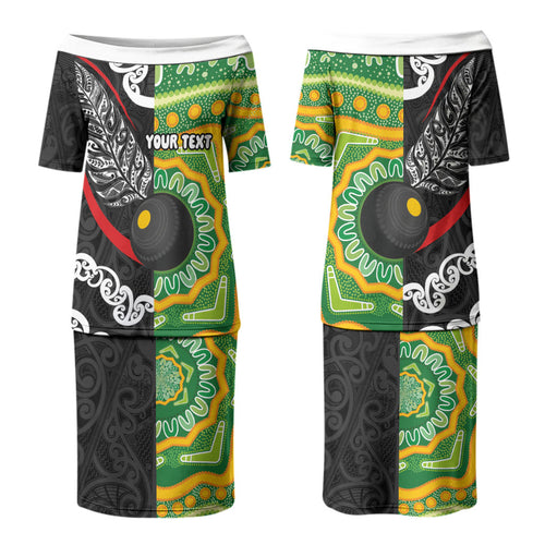 Personalised Aotearoa and Australia Lawn Bowls Family Matching Puletasi and Hawaiian Shirt Maori Fern and Aboriginal Pattern