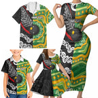Personalised Aotearoa and Australia Lawn Bowls Family Matching Short Sleeve Bodycon Dress and Hawaiian Shirt Maori Fern and Aboriginal Pattern