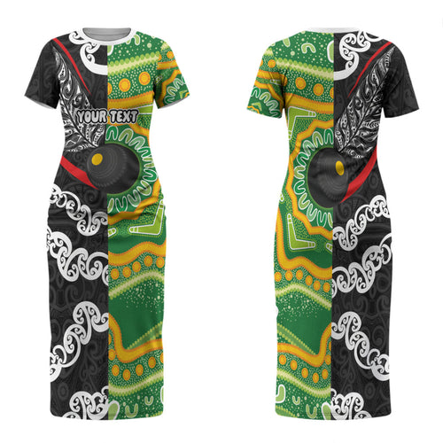 Personalised Aotearoa and Australia Lawn Bowls Family Matching Short Sleeve Bodycon Dress and Hawaiian Shirt Maori Fern and Aboriginal Pattern