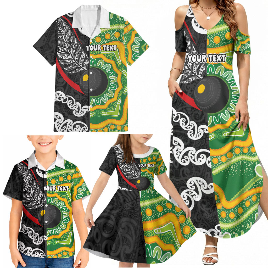 Personalised Aotearoa and Australia Lawn Bowls Family Matching Summer Maxi Dress and Hawaiian Shirt Maori Fern and Aboriginal Pattern
