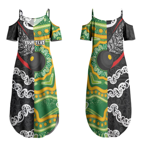 Personalised Aotearoa and Australia Lawn Bowls Family Matching Summer Maxi Dress and Hawaiian Shirt Maori Fern and Aboriginal Pattern