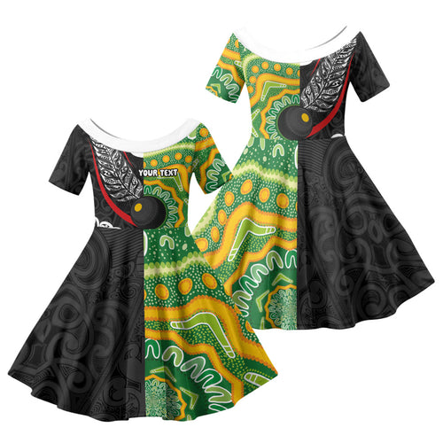 Personalised Aotearoa and Australia Lawn Bowls Family Matching Summer Maxi Dress and Hawaiian Shirt Maori Fern and Aboriginal Pattern