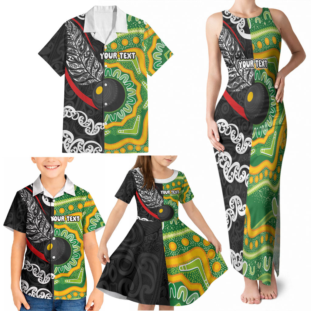 Personalised Aotearoa and Australia Lawn Bowls Family Matching Tank Maxi Dress and Hawaiian Shirt Maori Fern and Aboriginal Pattern