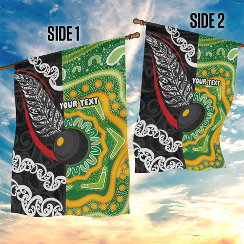 Personalised Aotearoa and Australia Lawn Bowls Garden Flag Maori Fern and Aboriginal Pattern
