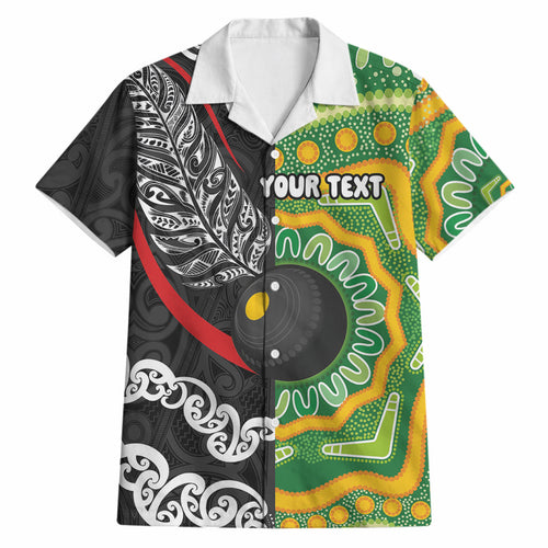Personalised Aotearoa and Australia Lawn Bowls Hawaiian Shirt Maori Fern and Aboriginal Pattern
