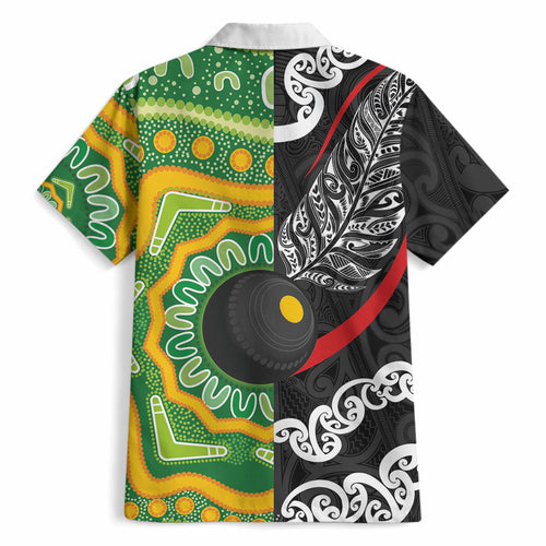 Personalised Aotearoa and Australia Lawn Bowls Hawaiian Shirt Maori Fern and Aboriginal Pattern