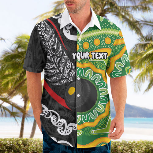 Personalised Aotearoa and Australia Lawn Bowls Hawaiian Shirt Maori Fern and Aboriginal Pattern