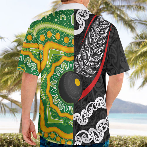 Personalised Aotearoa and Australia Lawn Bowls Hawaiian Shirt Maori Fern and Aboriginal Pattern