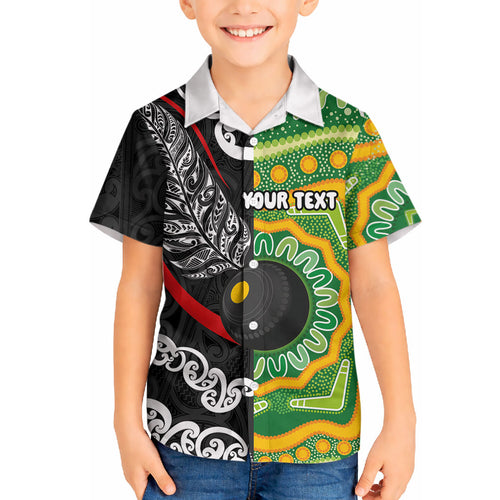 Personalised Aotearoa and Australia Lawn Bowls Hawaiian Shirt Maori Fern and Aboriginal Pattern