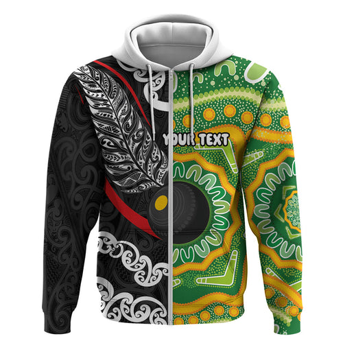 Personalised Aotearoa and Australia Lawn Bowls Hoodie Maori Fern and Aboriginal Pattern