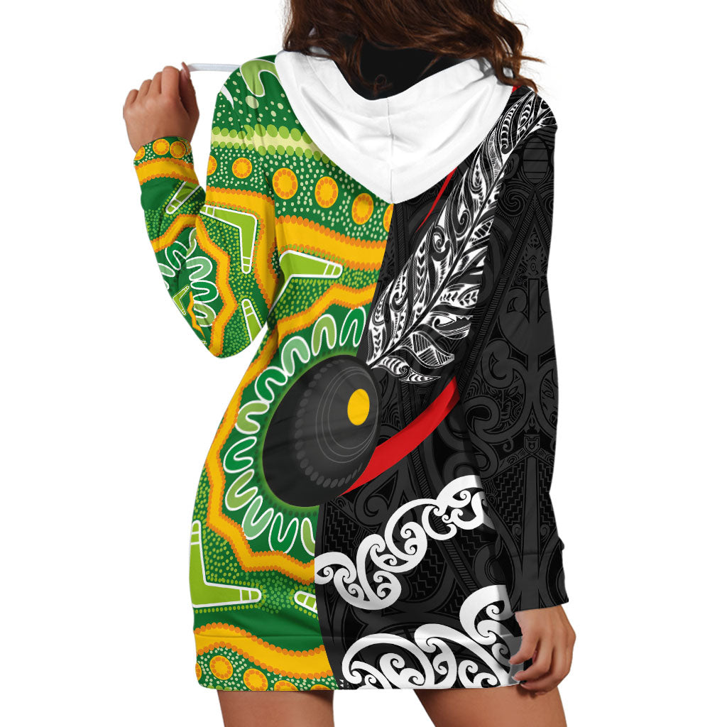 Personalised Aotearoa and Australia Lawn Bowls Hoodie Dress Maori Fern and Aboriginal Pattern