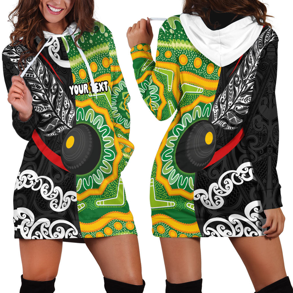 Personalised Aotearoa and Australia Lawn Bowls Hoodie Dress Maori Fern and Aboriginal Pattern