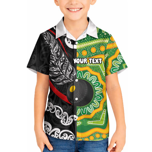 Personalised Aotearoa and Australia Lawn Bowls Kid Hawaiian Shirt Maori Fern and Aboriginal Pattern