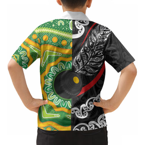 Personalised Aotearoa and Australia Lawn Bowls Kid Hawaiian Shirt Maori Fern and Aboriginal Pattern