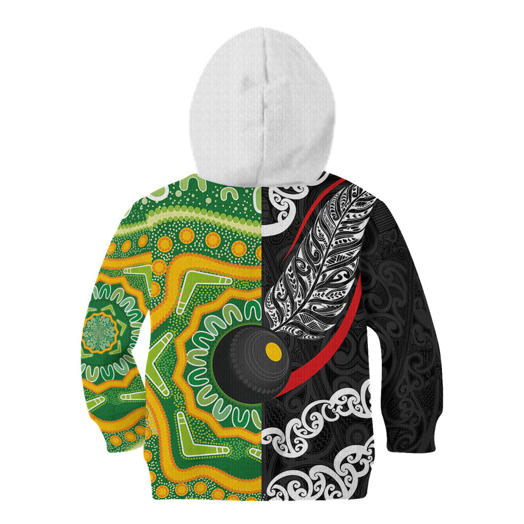 Personalised Aotearoa and Australia Lawn Bowls Kid Hoodie Maori Fern and Aboriginal Pattern