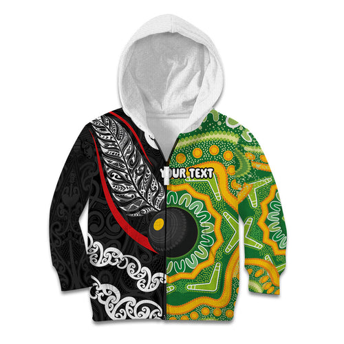 Personalised Aotearoa and Australia Lawn Bowls Kid Hoodie Maori Fern and Aboriginal Pattern
