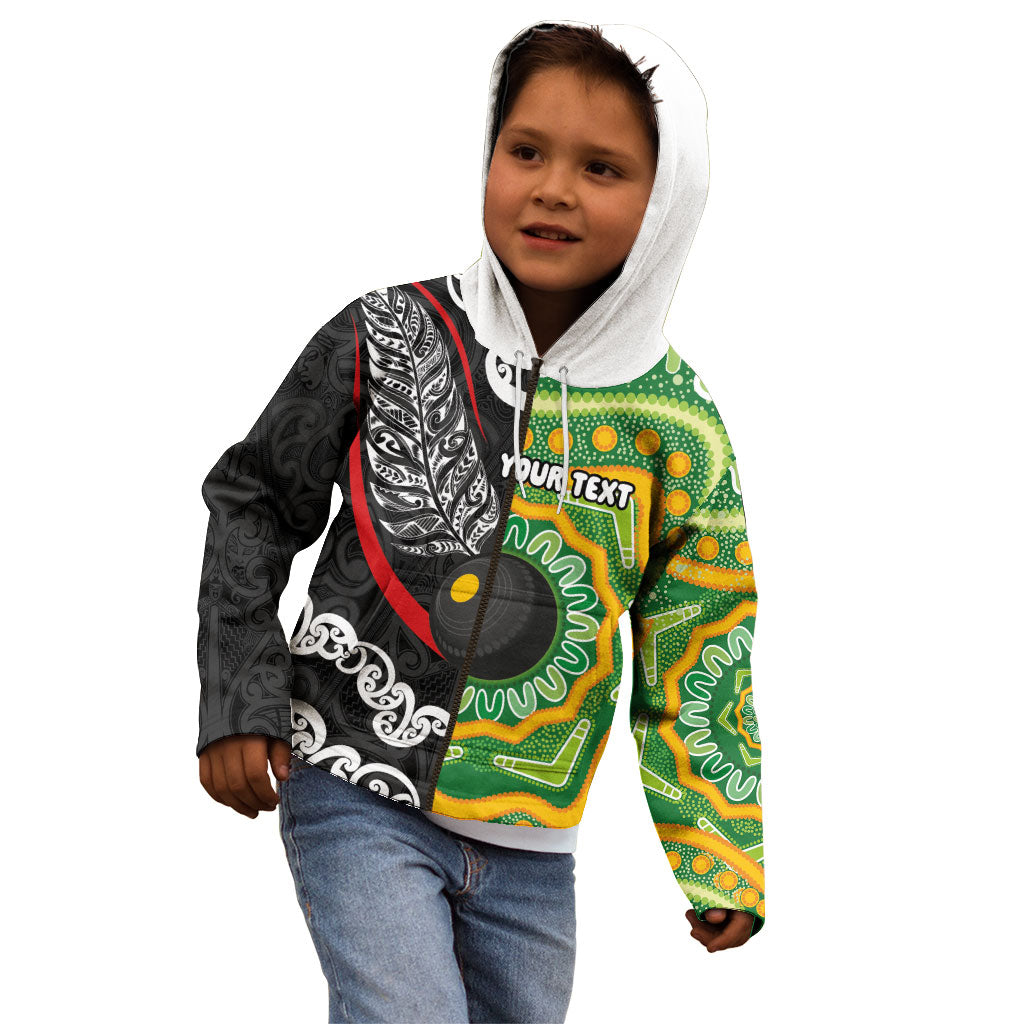 Personalised Aotearoa and Australia Lawn Bowls Kid Hoodie Maori Fern and Aboriginal Pattern