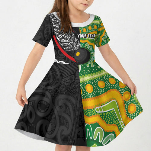 Personalised Aotearoa and Australia Lawn Bowls Kid Short Sleeve Dress Maori Fern and Aboriginal Pattern