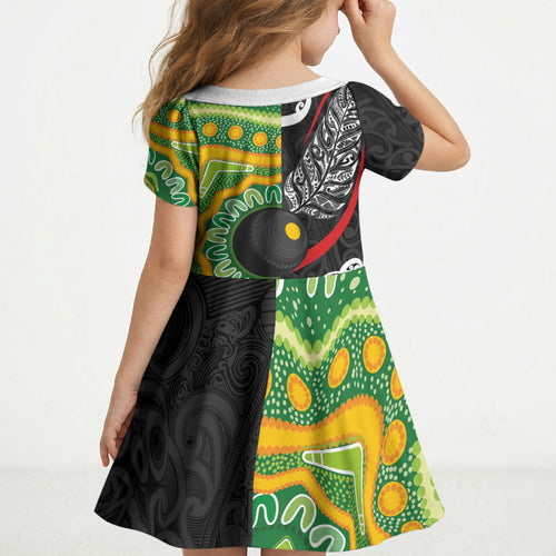 Personalised Aotearoa and Australia Lawn Bowls Kid Short Sleeve Dress Maori Fern and Aboriginal Pattern