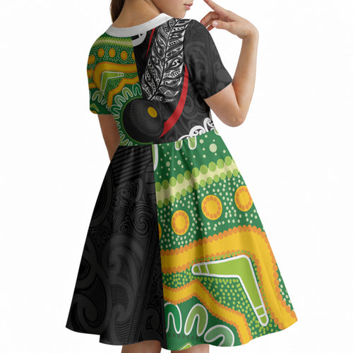 Personalised Aotearoa and Australia Lawn Bowls Kid Short Sleeve Dress Maori Fern and Aboriginal Pattern