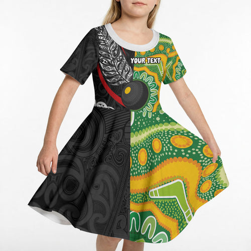 Personalised Aotearoa and Australia Lawn Bowls Kid Short Sleeve Dress Maori Fern and Aboriginal Pattern