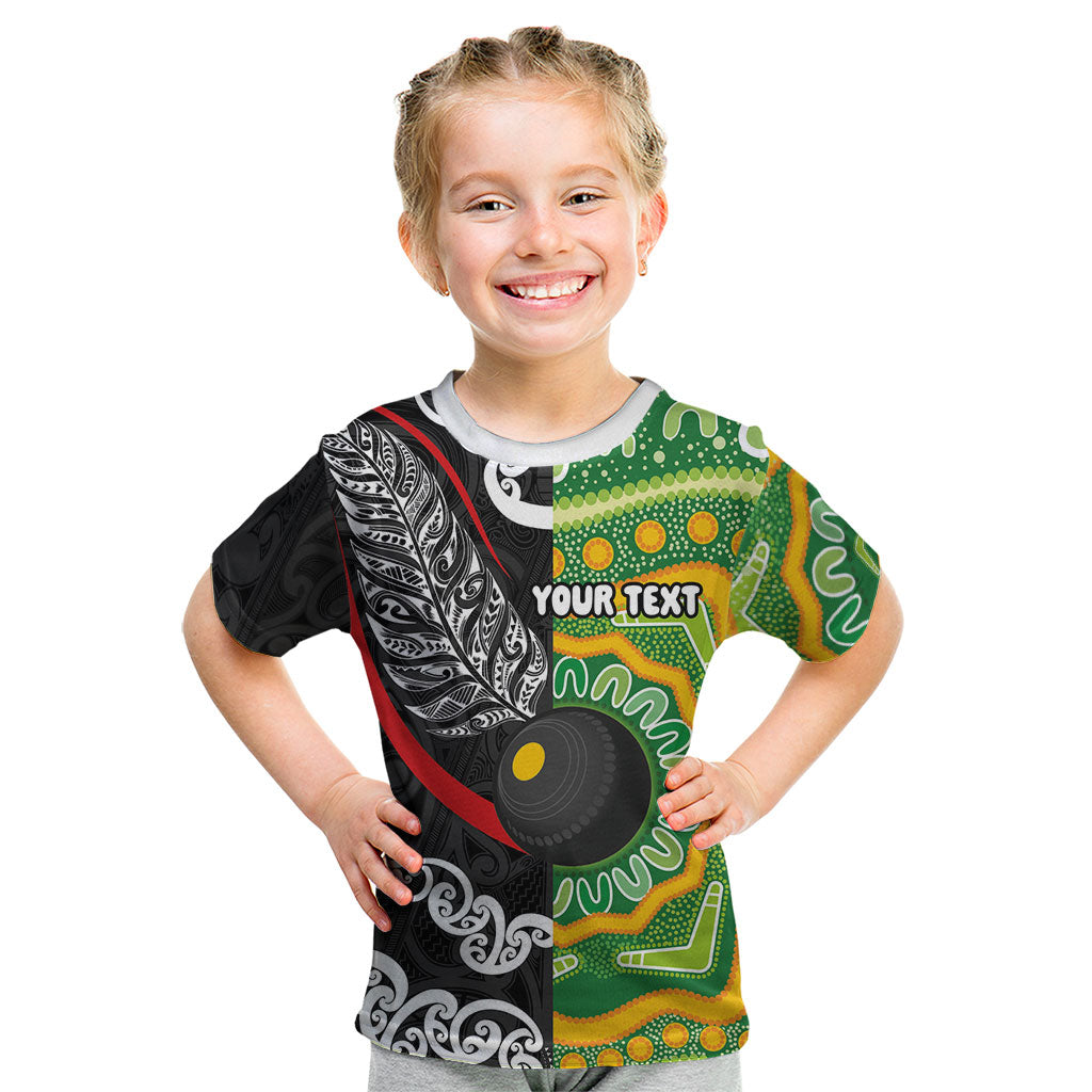 Personalised Aotearoa and Australia Lawn Bowls Kid T Shirt Maori Fern and Aboriginal Pattern