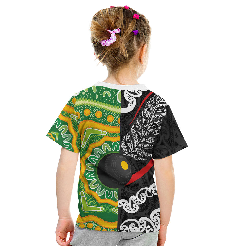 Personalised Aotearoa and Australia Lawn Bowls Kid T Shirt Maori Fern and Aboriginal Pattern