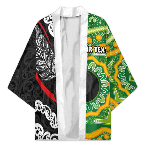 Personalised Aotearoa and Australia Lawn Bowls Kimono Maori Fern and Aboriginal Pattern