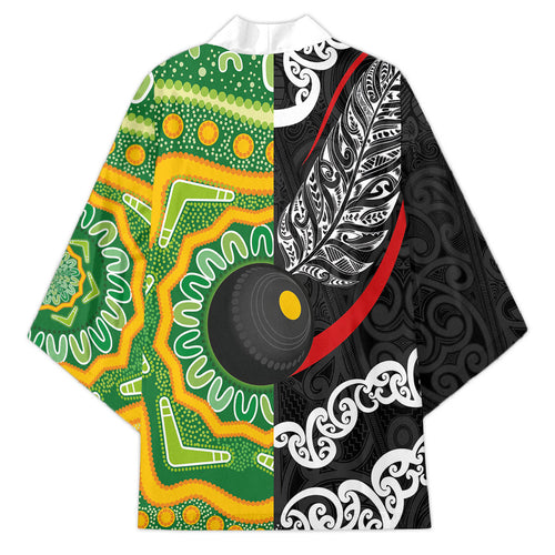 Personalised Aotearoa and Australia Lawn Bowls Kimono Maori Fern and Aboriginal Pattern