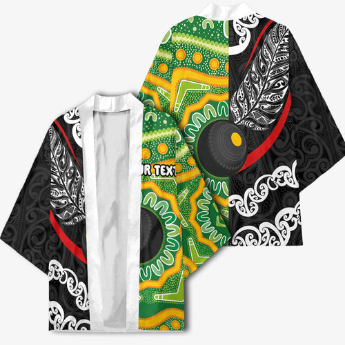 Personalised Aotearoa and Australia Lawn Bowls Kimono Maori Fern and Aboriginal Pattern