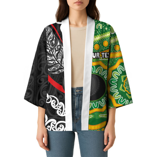 Personalised Aotearoa and Australia Lawn Bowls Kimono Maori Fern and Aboriginal Pattern
