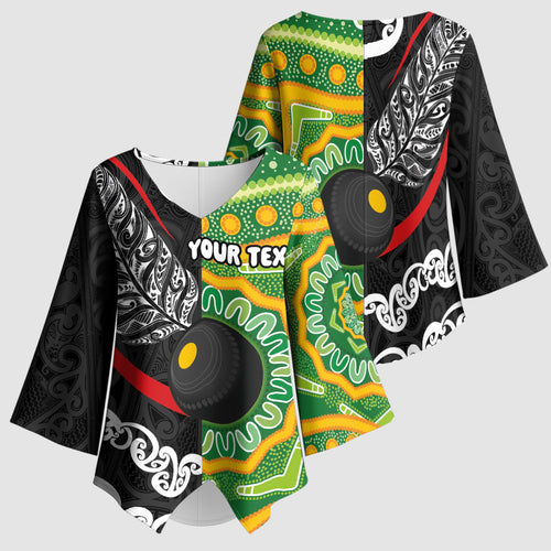Personalised Aotearoa and Australia Lawn Bowls Kimono Sleeve Blouse Maori Fern and Aboriginal Pattern