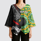 Personalised Aotearoa and Australia Lawn Bowls Kimono Sleeve Blouse Maori Fern and Aboriginal Pattern