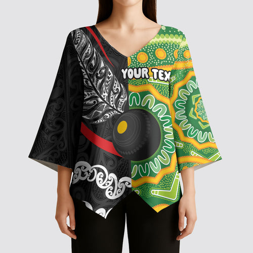 Personalised Aotearoa and Australia Lawn Bowls Kimono Sleeve Blouse Maori Fern and Aboriginal Pattern